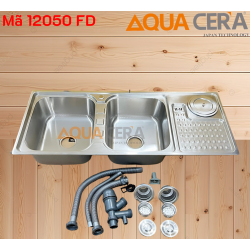 CHẬU RỬA CHÉN 2 HỘC INOX 304 DẬP CÓ HỘC RÁC 120 x 50 cm