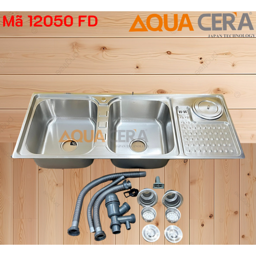 CHẬU RỬA CHÉN 2 HỘC INOX 304 DẬP CÓ HỘC RÁC 120 x 50 cm