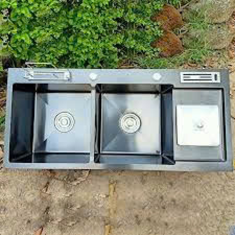 CHẬU RỬA CHÉN 2 HỘC INOX - CÓ BÀN CHỜ HỐ RÁC - VÒI LẠNH INOX NÓNG LẠNH 100 x 48 cm