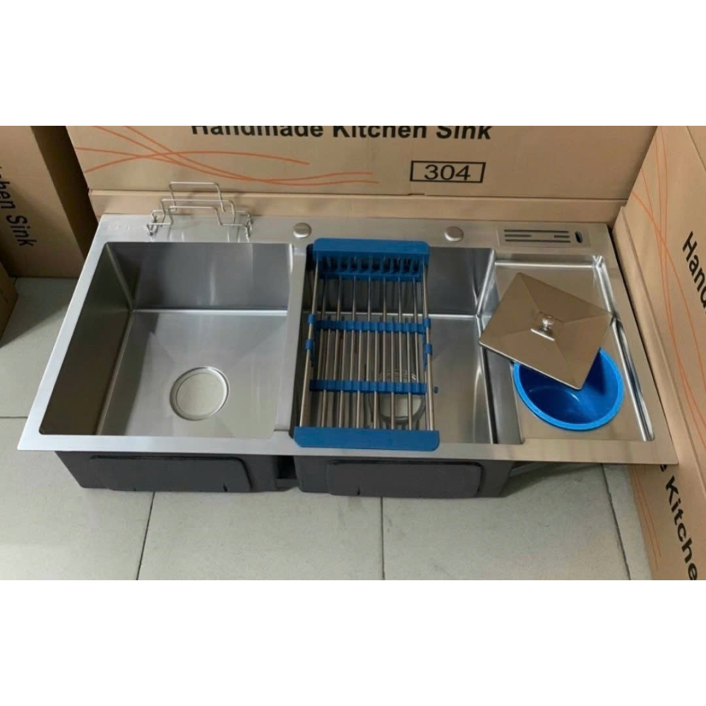 CHẬU RỬA CHÉN 2 HỘC INOX - CÓ BÀN CHỜ HỐ RÁC - VÒI LẠNH INOX NÓNG LẠNH 100 x 48 cm
