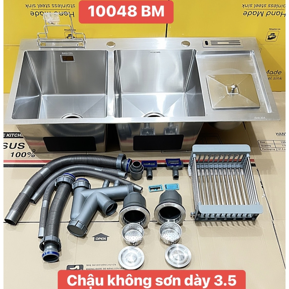CHẬU RỬA CHÉN 2 HỘC INOX - CÓ BÀN CHỜ HỐ RÁC - VÒI LẠNH INOX NÓNG LẠNH 100 x 48 cm
