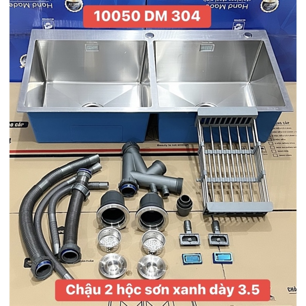 CHẬU RỬA CHÉN 2 HỘC INOX 304 + VÒI RỬA CHÉN NÓNG LẠNH - 100x50cm 