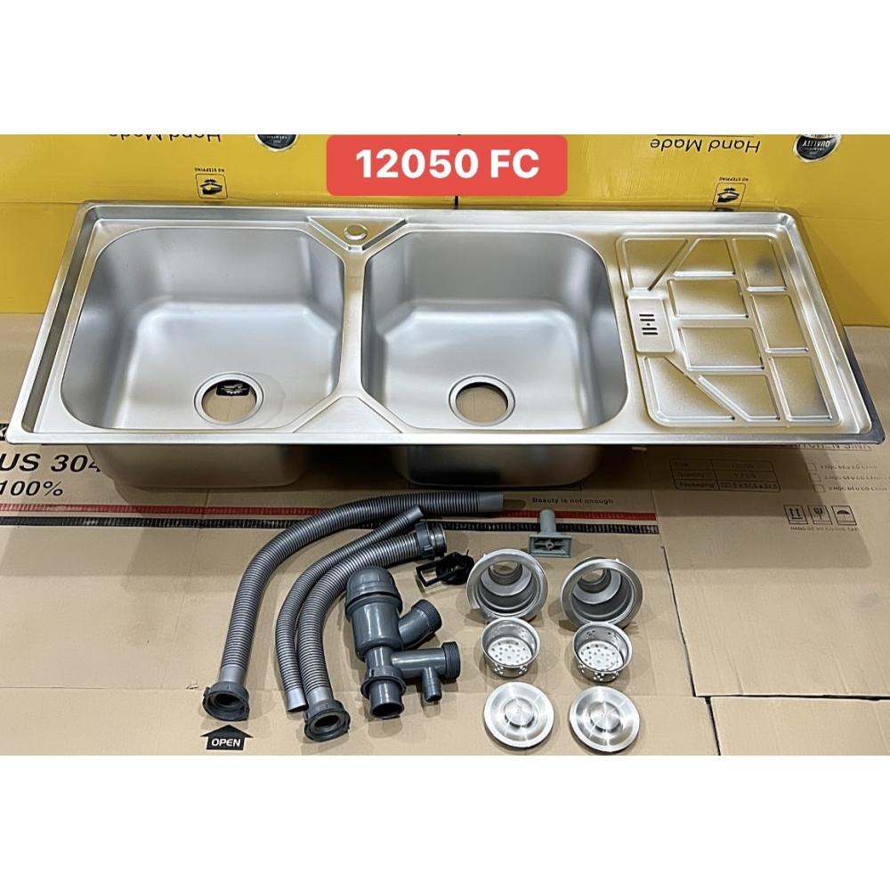 CHẬU RỬA CHÉN 2 HỘC INOX - CÓ BÀN CHỜ - VÒI LẠNH INOX LẠNH 12050FC
