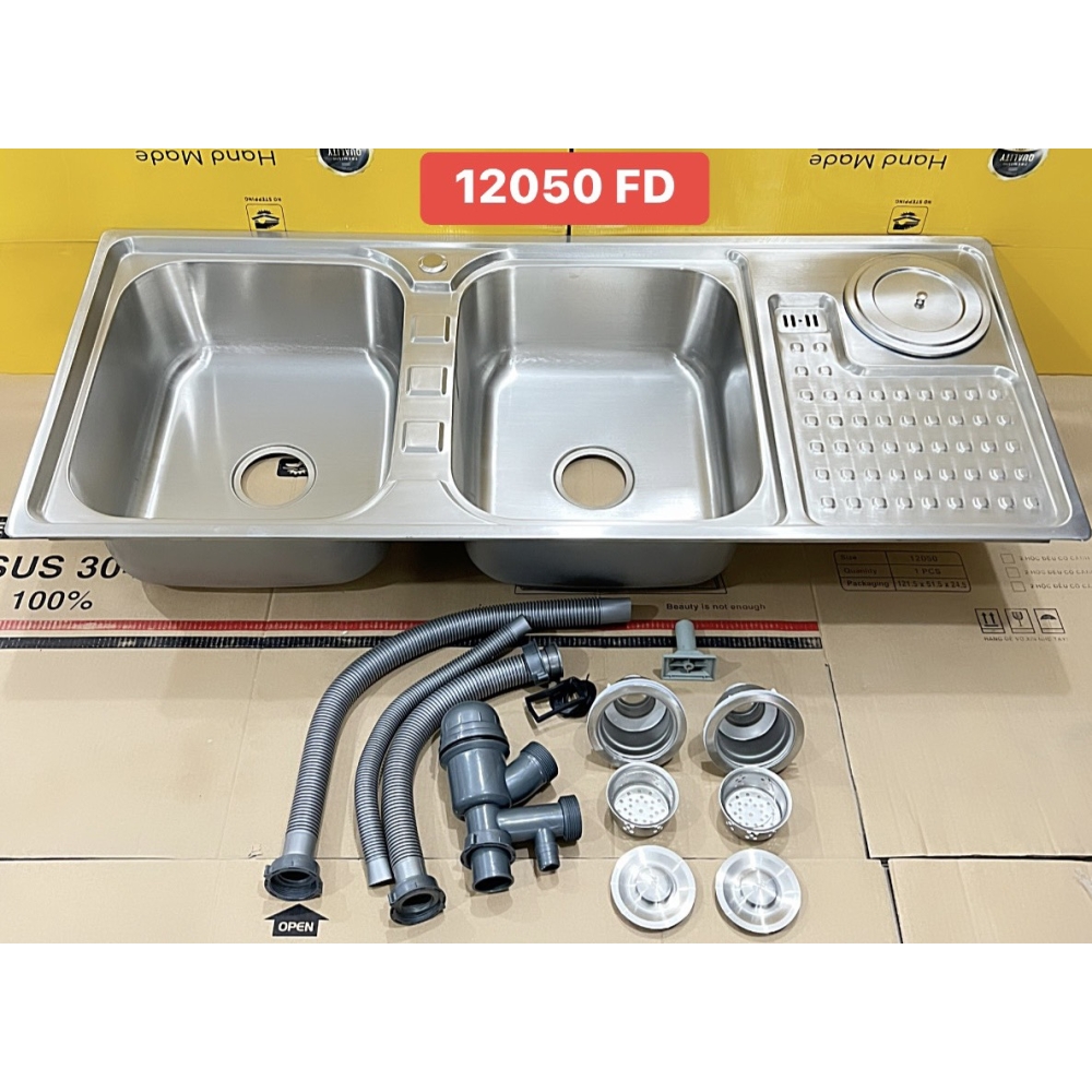 CHẬU RỬA CHÉN 2 HỘC INOX 304 DẬP CÓ HỘC RÁC 120 x 50 cm