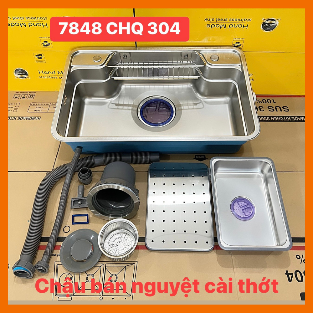 CHẬU RỬA CHÉN 1 HỘC INOX 304 VẮT DAO BÁN NGUYỆT + VÒI NÓNG LẠNH