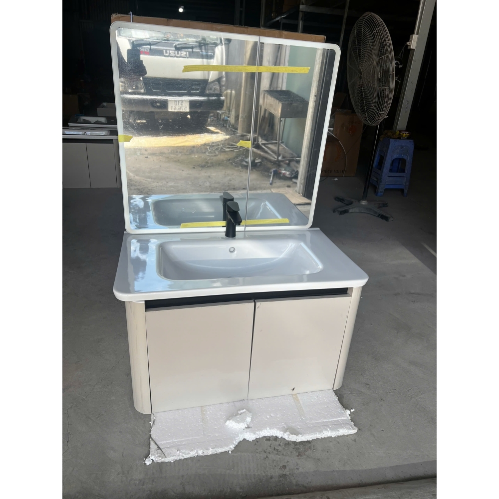 BỘ TỦ GƯƠNG LAVABO TRẮNG GƯƠNG LED - TỦ NHÔM TỔ ONG