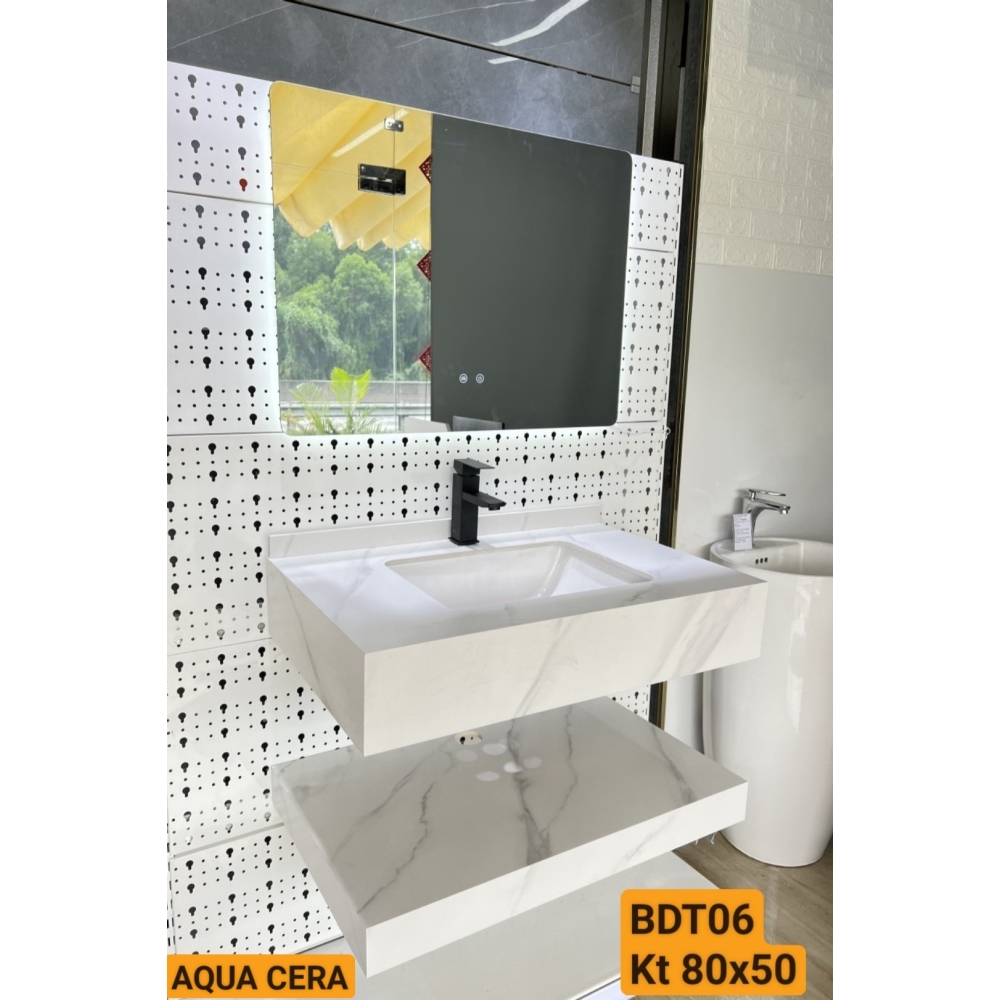 Bộ Bàn Đá Lavabo Âm Bàn Đôi Kèm Gương Led Màu Trắng CBDT06 