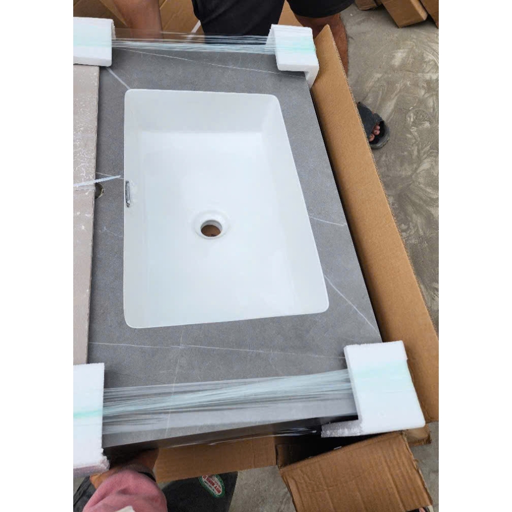 Bộ Bàn Đá Lavabo Âm Tràn Viền Bàn Đôi Kèm Gương Led Màu Đen Bóng