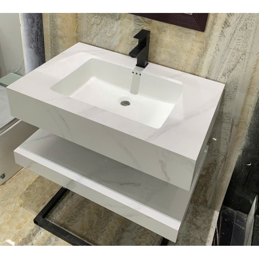 Bộ Bàn Đá Lavabo Âm Tràn Viền Bàn Đôi Kèm Gương Led Màu Đen Bóng